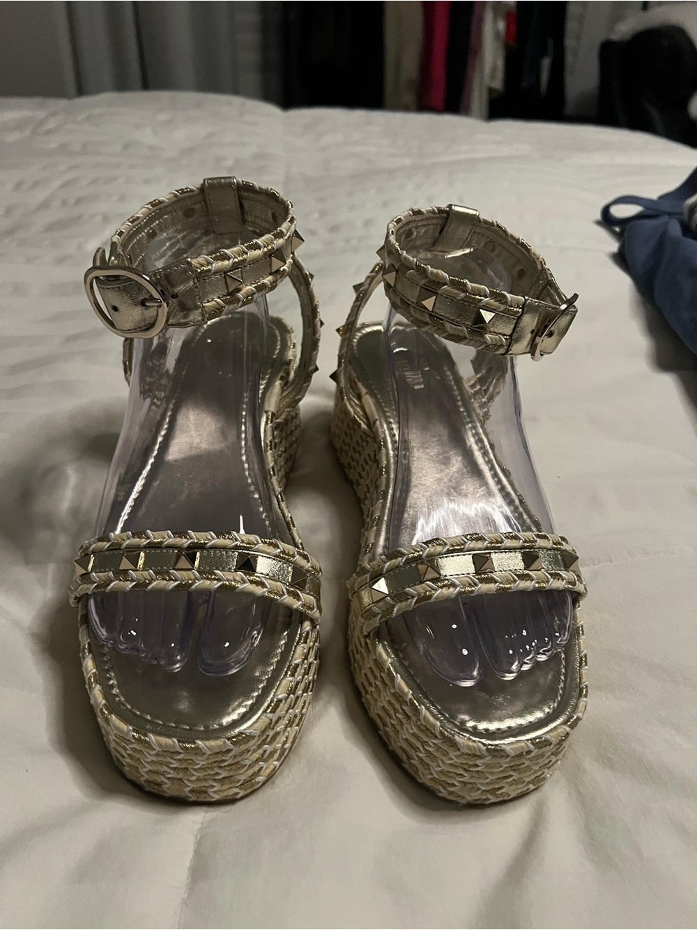 Valentino Garavani Metallic Gold Braided Espadrille Wedge Sandals